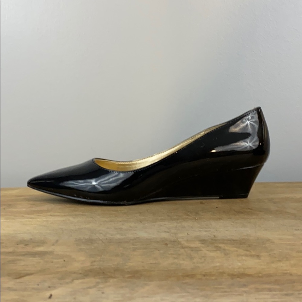 Black patent leather wedge shoes